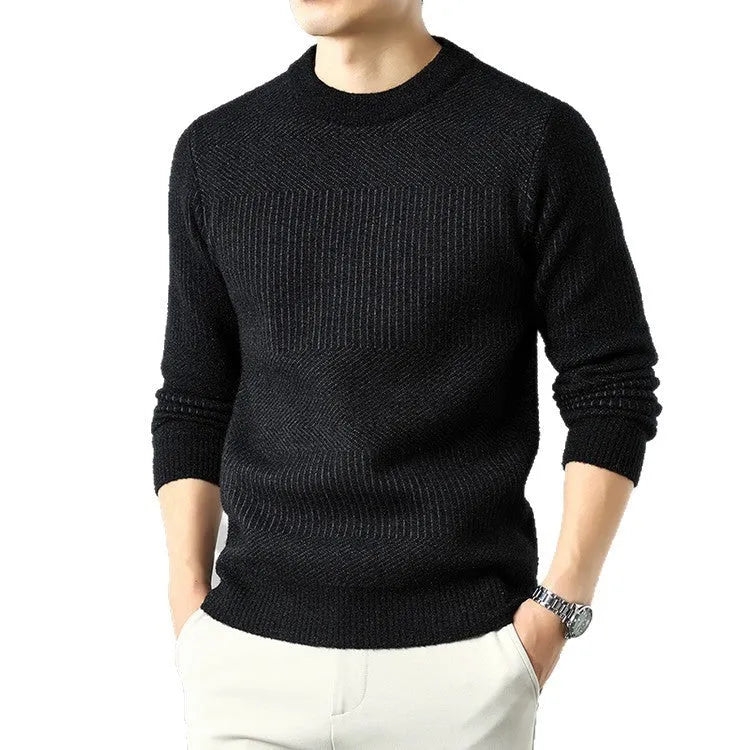 Men's thick long sleeve round neck chenille sweater in beige, shown on a model for autumn casual wear.