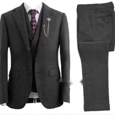 Men's slim fit three-piece suit in brown colour made from nylon fabric, front view with jacket and trousers