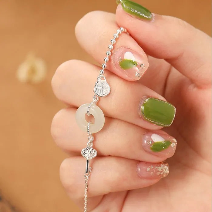 925 silver Hetian jade bracelet with geometry Chinese style design and electroplated finish