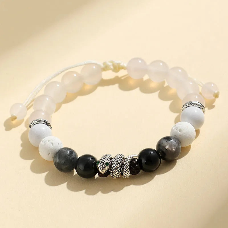Black and white agate couple bracelets with blessing snake design and handcrafted manual processing