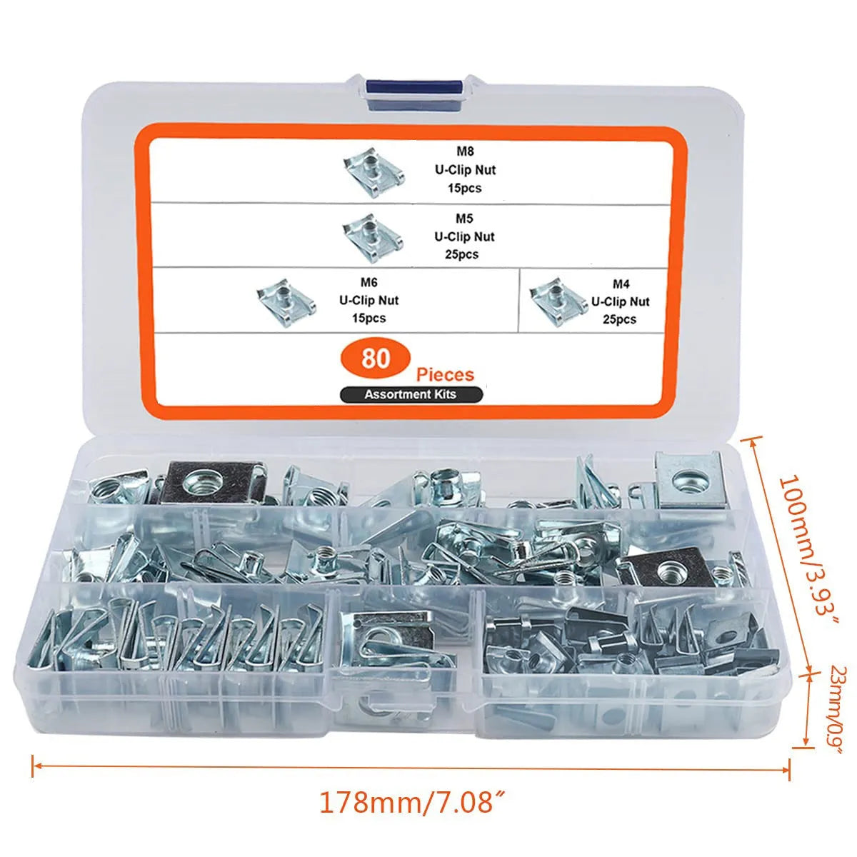 80 pieces self-tapping spring nut clips in metal tray, hardened steel with zinc coating