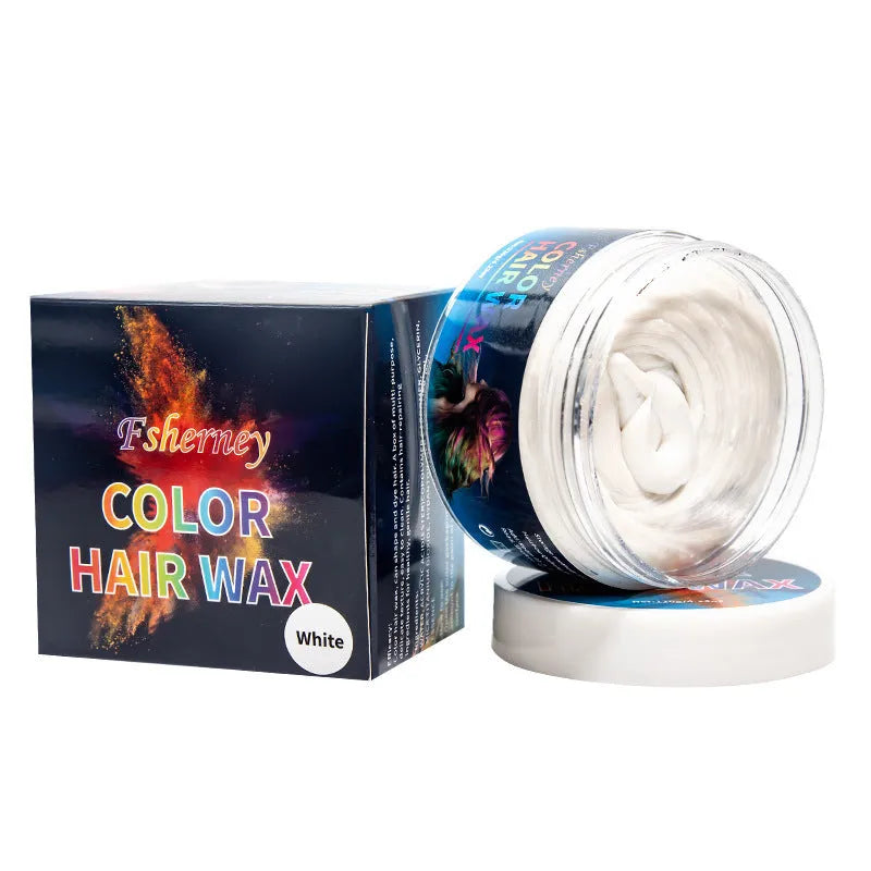 120g pot of strong hold hair styling clay in one of nine colours: white, orange, red, yellow, blue, green, purple, rose, or granny grey.