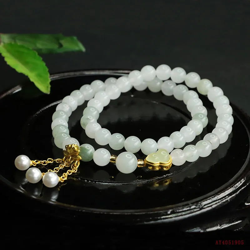 Jade double ring bracelet for women hand-woven Tianshan Cui 6mm beads geometric national style gourd lotus design