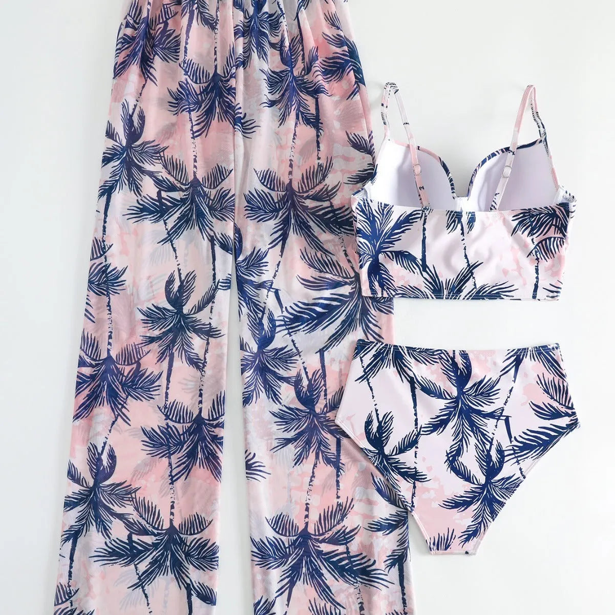Women's three-piece bikini set in printed polyester and spandex with top and pants, available in black blue emerald green