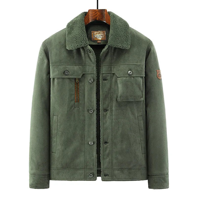 Men's deerskin jacket in khaki colour, polyester fiber with insulation and windproof features, business formal style for autumn winter