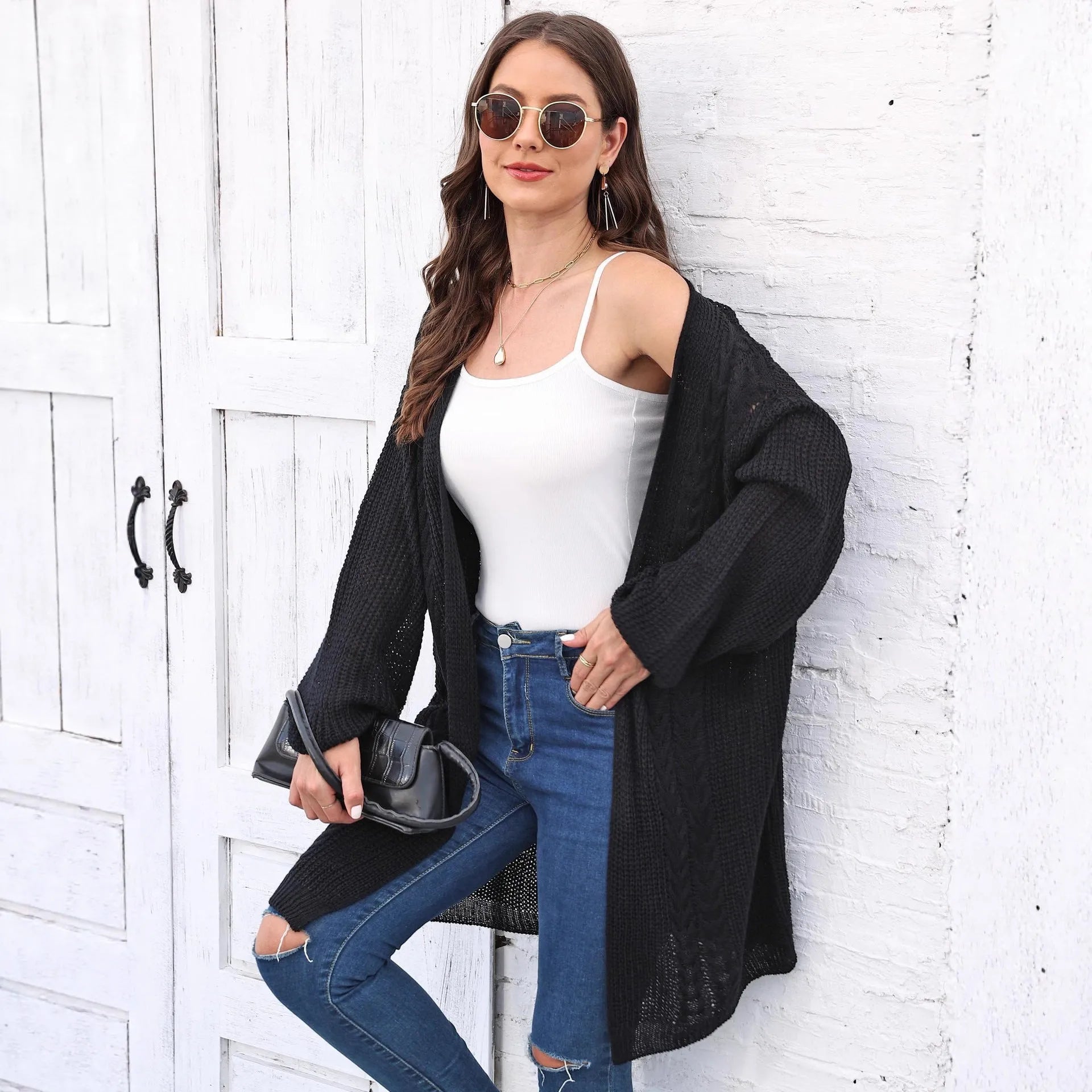 Women's longline acrylic cardigan in a free size loose fit, shown in brown.