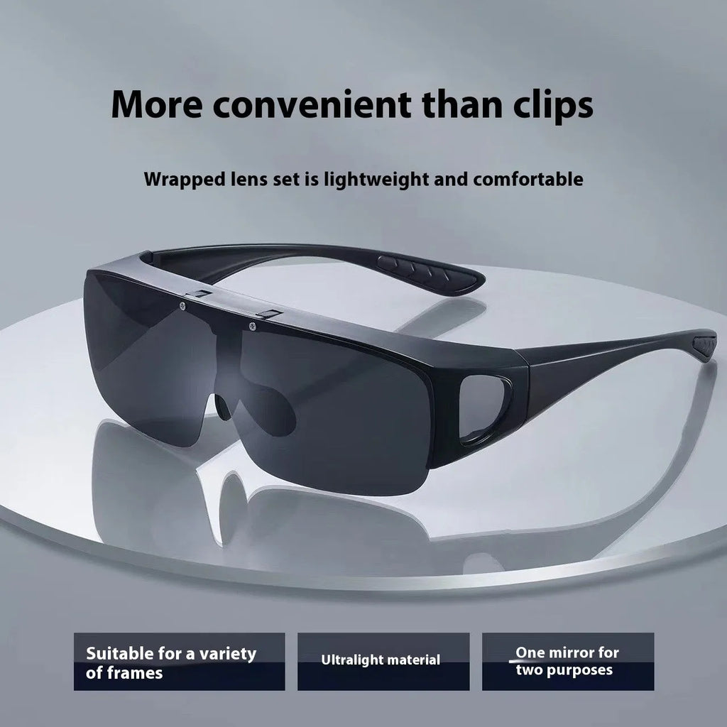 Sporty polarised sunglasses with one-piece myopia lenses shown in a case, suitable for cycling and driving.