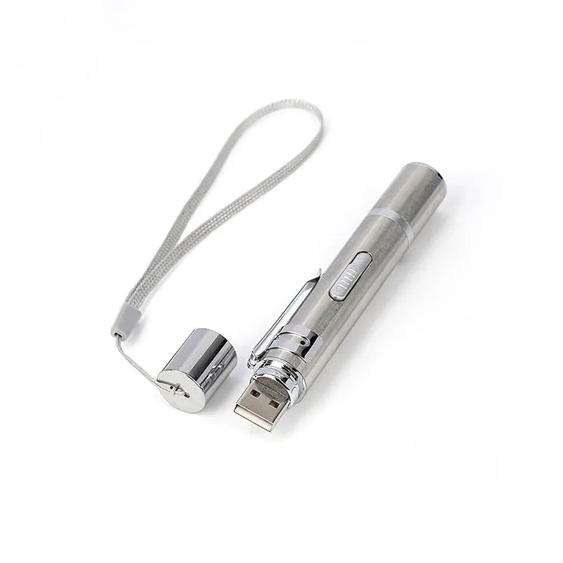 Laser pointer cat toy in stainless steel, 11.3 x 1.7 cm, with red dot LED and five light modes for cats and dogs.
