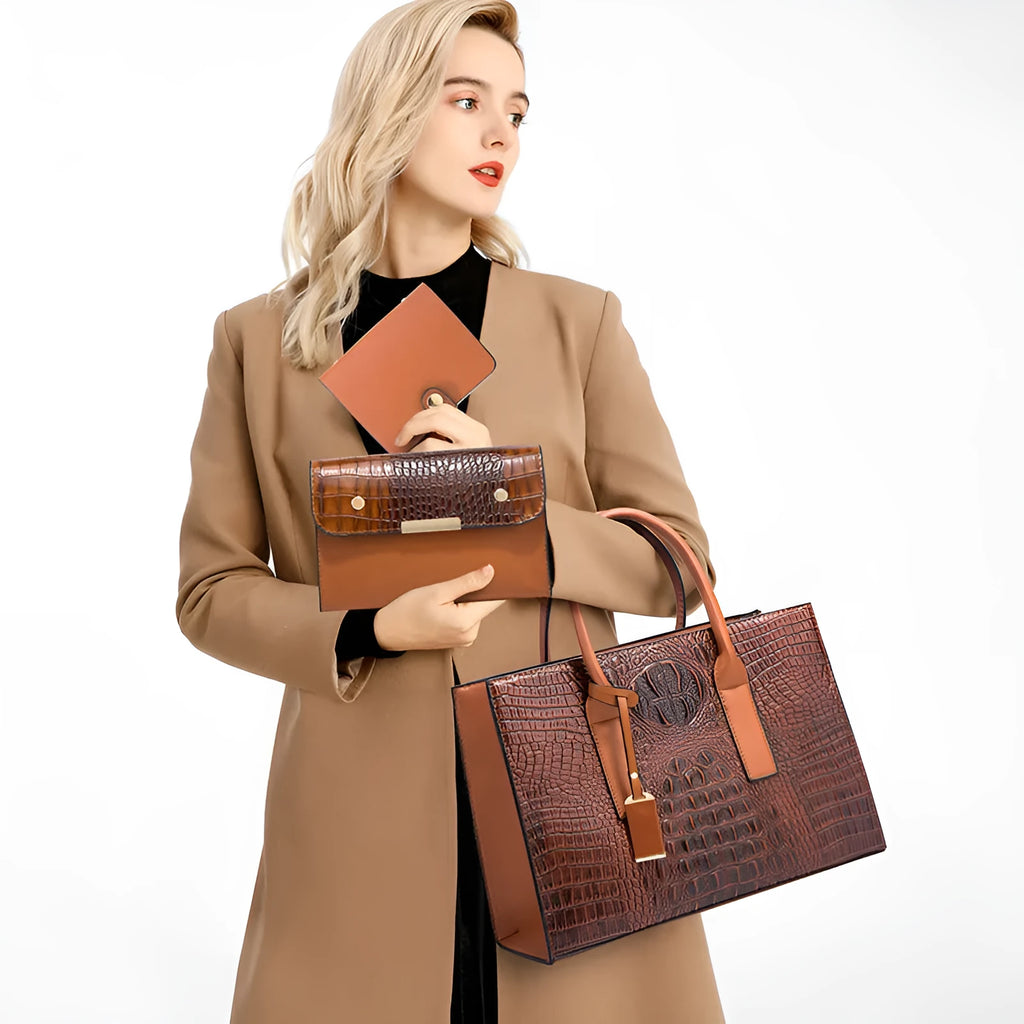Women's three-piece PU leather shoulder bag set with crocodile pattern in four colour options