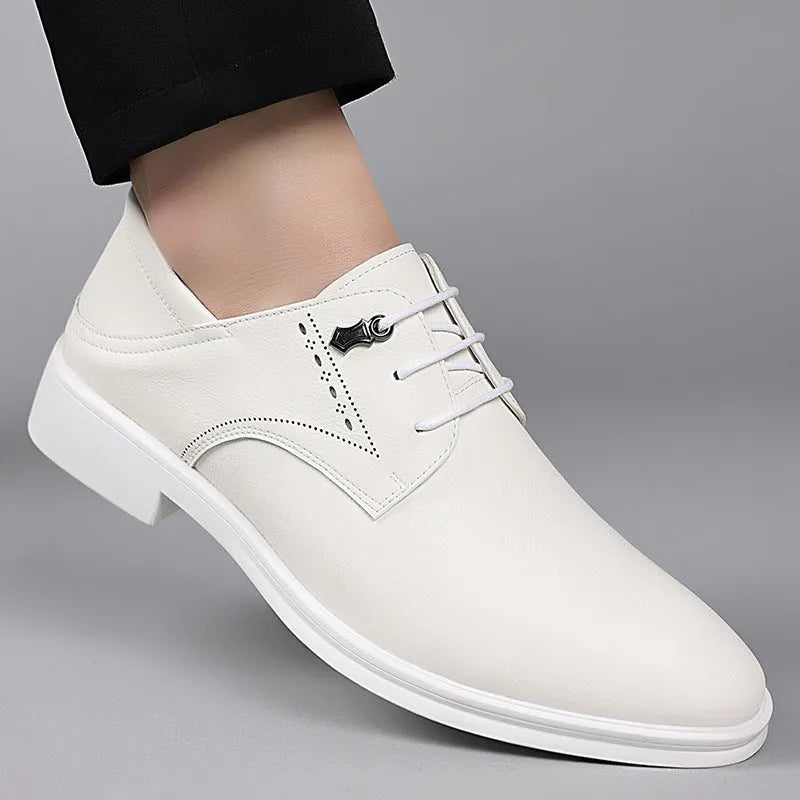 Men's black cow split leather pointed toe dress shoes with rubber sole on a white background