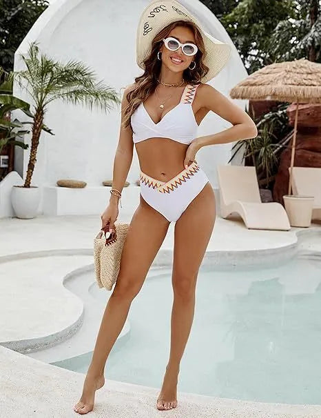 Black and white women's lace-up bikini with high-waisted briefs and backless swimsuit design