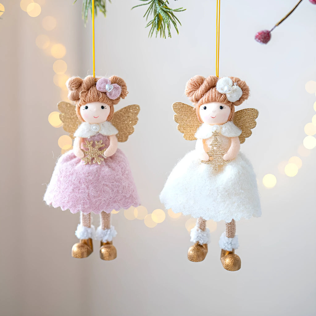 Pink and white cloth Christmas angel wings plush pendant with modern design