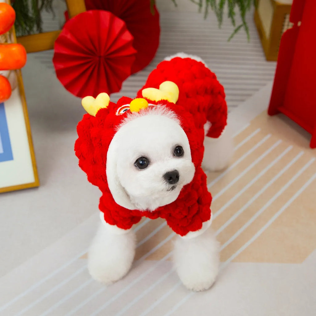 Red double-sided velvet pet jacket with cartoon dragon design shown on dog model