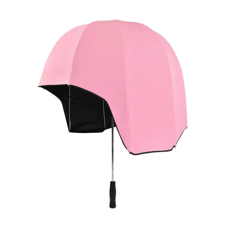 Long-handled helmet umbrella open showing 76cm diameter canopy in a vinyl-laminated fabric design.