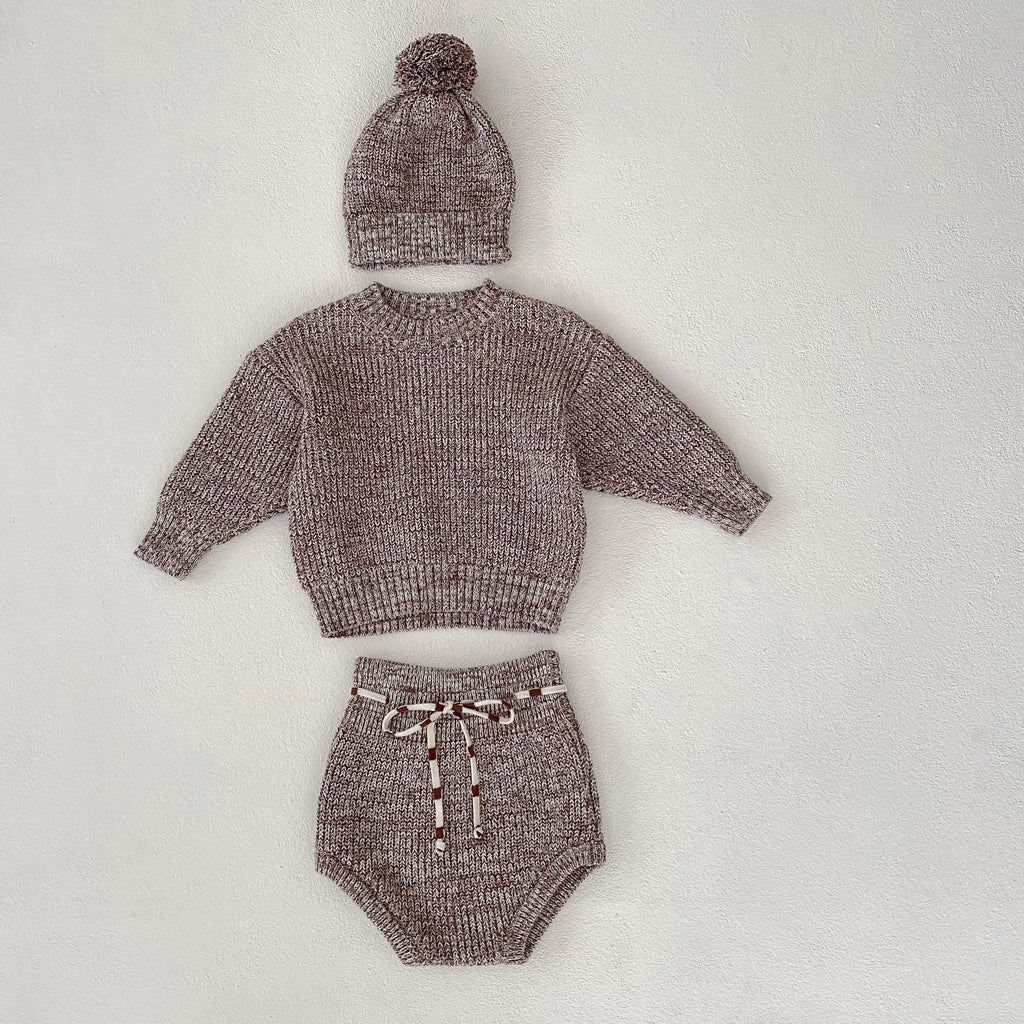 Infant baby girl dark brown cotton three-piece set with blouse, shorts and fur ball knitted hat