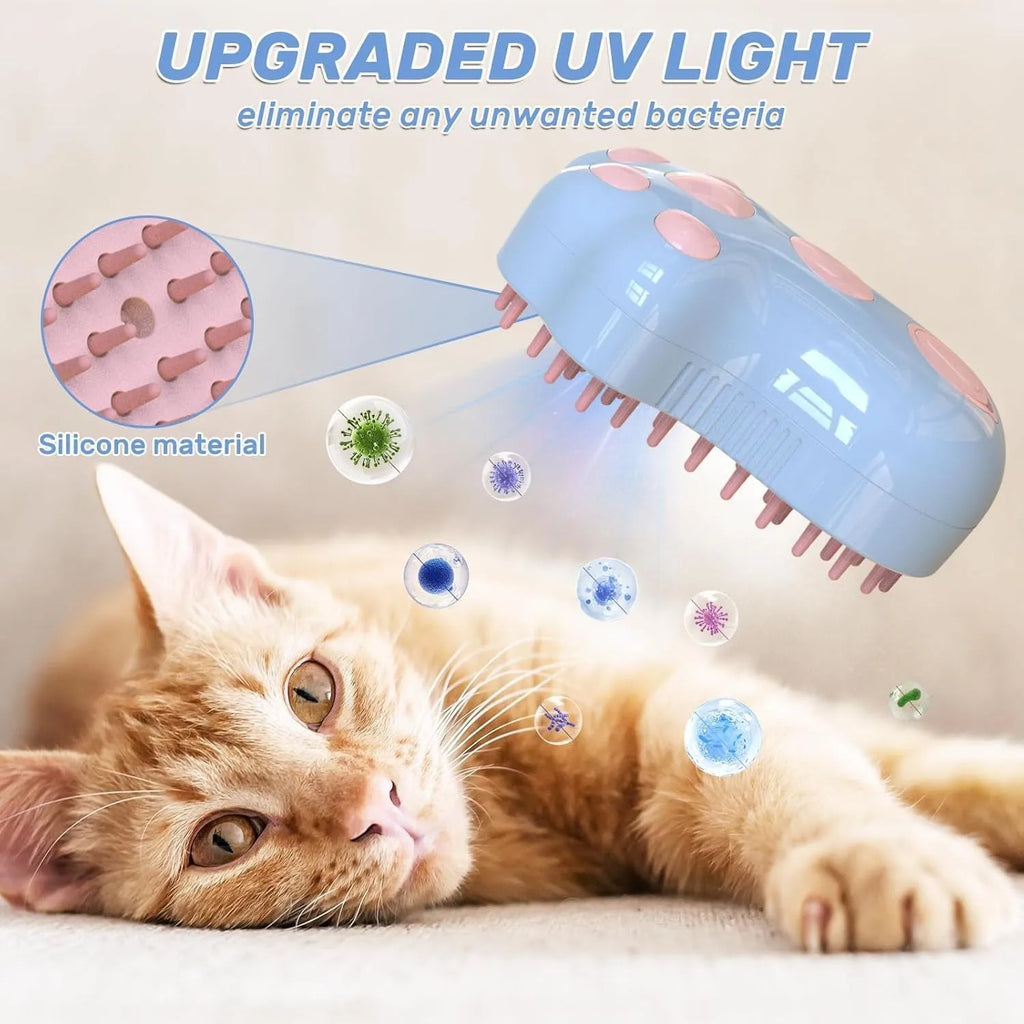 Self-cleaning cat steam brush with blue light and silicone bristles for pet grooming