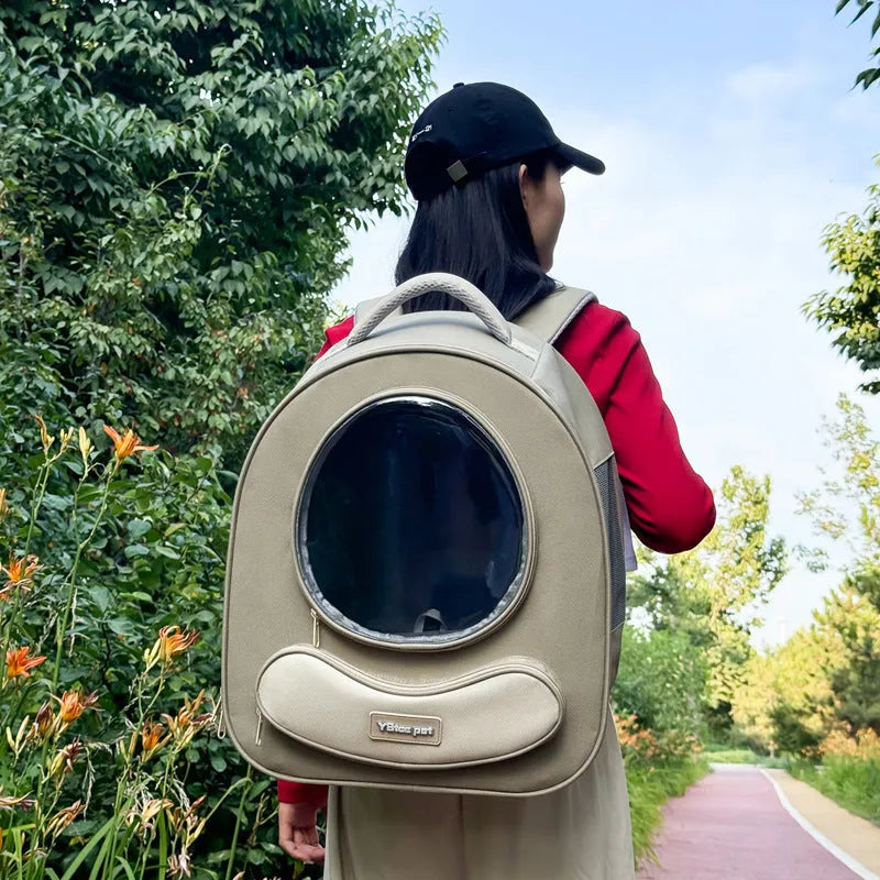 Breathable polyester pet carrier backpack in khaki solid colour with large capacity space capsule for dogs and cats