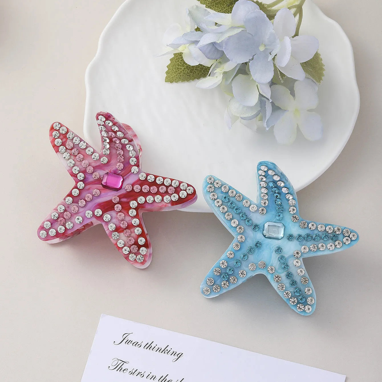 Acrylic starfish diamond encrusted hairpin in blue and pink colours length 8cm