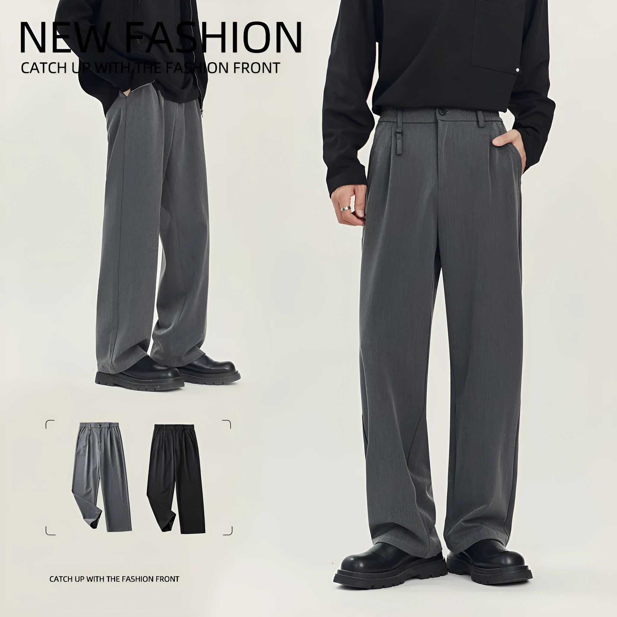 Man's loose-fit straight-leg business casual trousers in grey, laid flat showing waistband and full length.