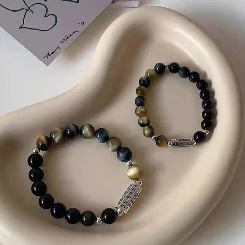 Tigereye Obsidian stone and sterling silver bracelet with geometric round beads and mantra engraving