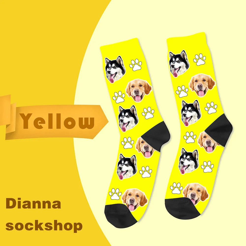 Custom personalised photo socks with mid-calf length and printed designs on polyester fabric