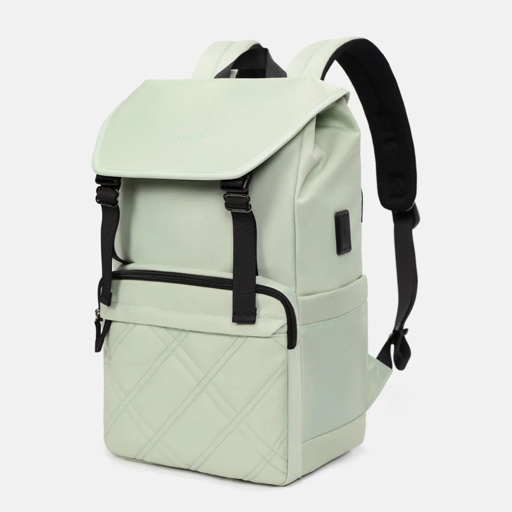 Light green schoolgirl travel backpack showing laptop compartment and organisational pockets