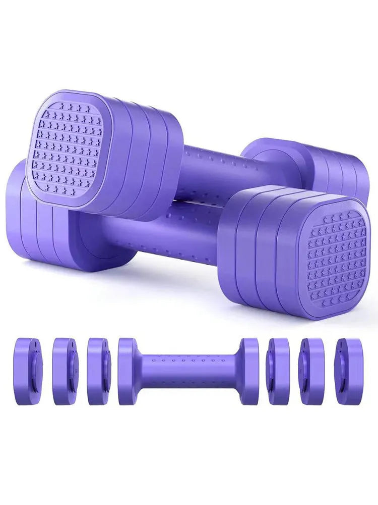 Pink and blue detachable ABS plastic dumbbell set for women's fitness and body shaping.