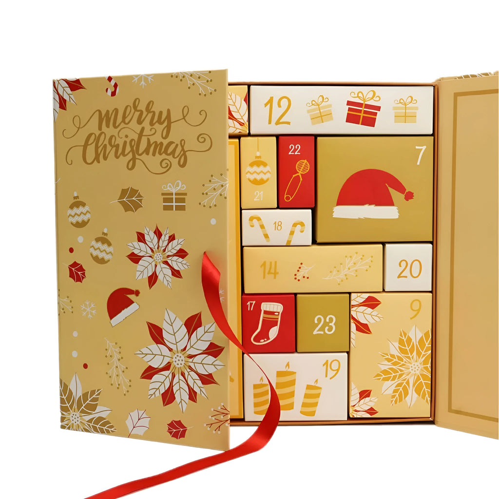 Yellow double door countdown calendar Christmas gift box with oil painting style print, 33x30x8cm, on grey cardboard