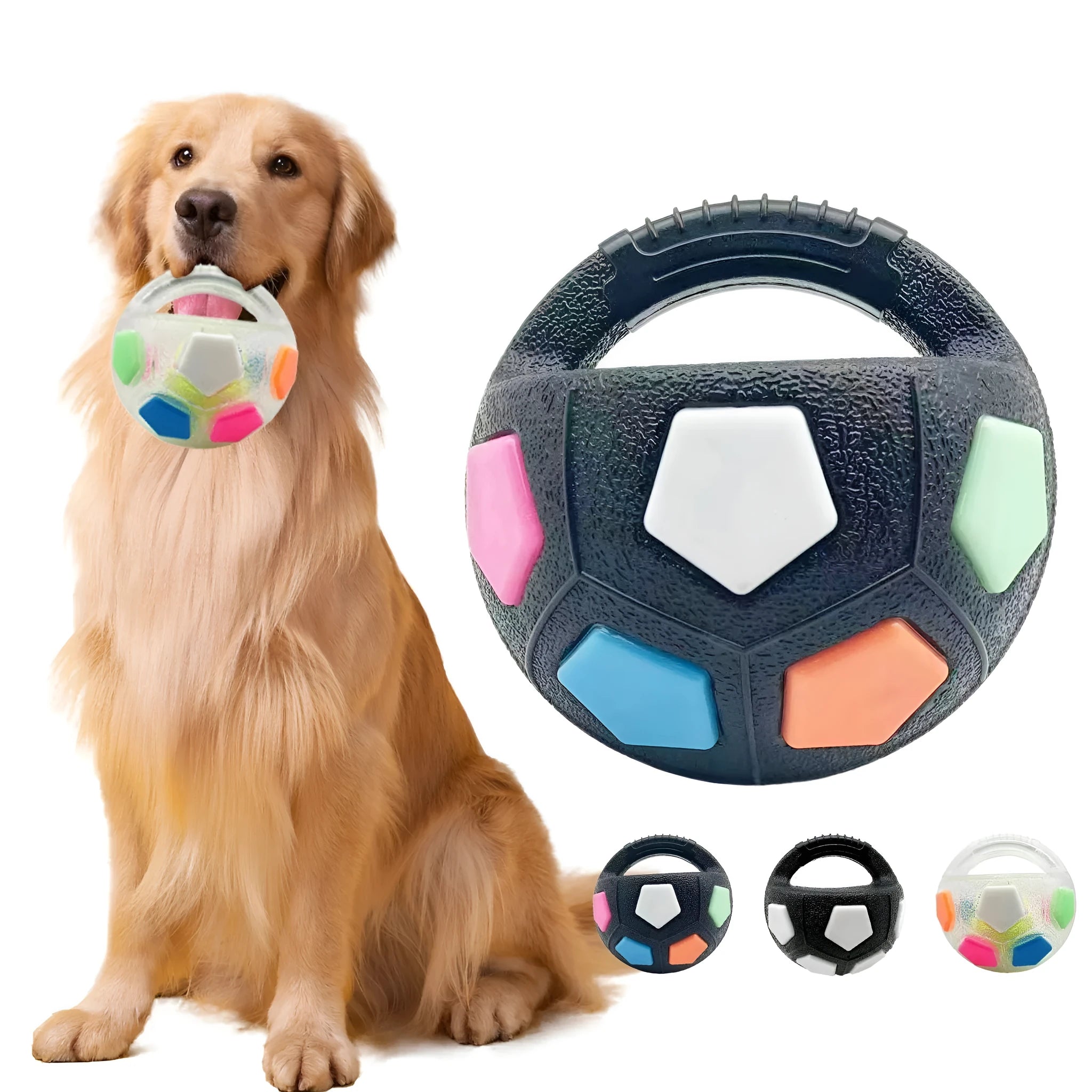 Football tennis ball shaped dog toy in white with black pattern for outdoor fetching