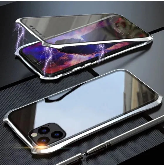 Metal glass magnetic king protective phone cover for iPhone 11 in black, red, blue, and silver colours.