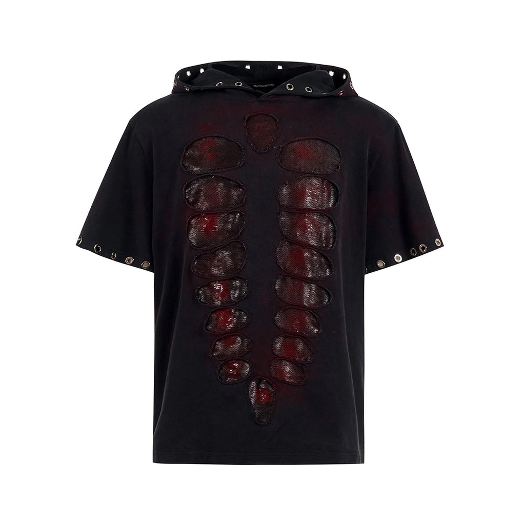 Black men's loose-fit T-shirt with short sleeves, a hood, and sequin graphic detail.