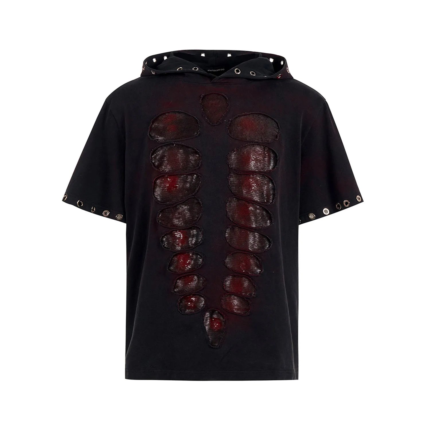 Black men's loose-fit T-shirt with short sleeves, a hood, and sequin graphic detail.