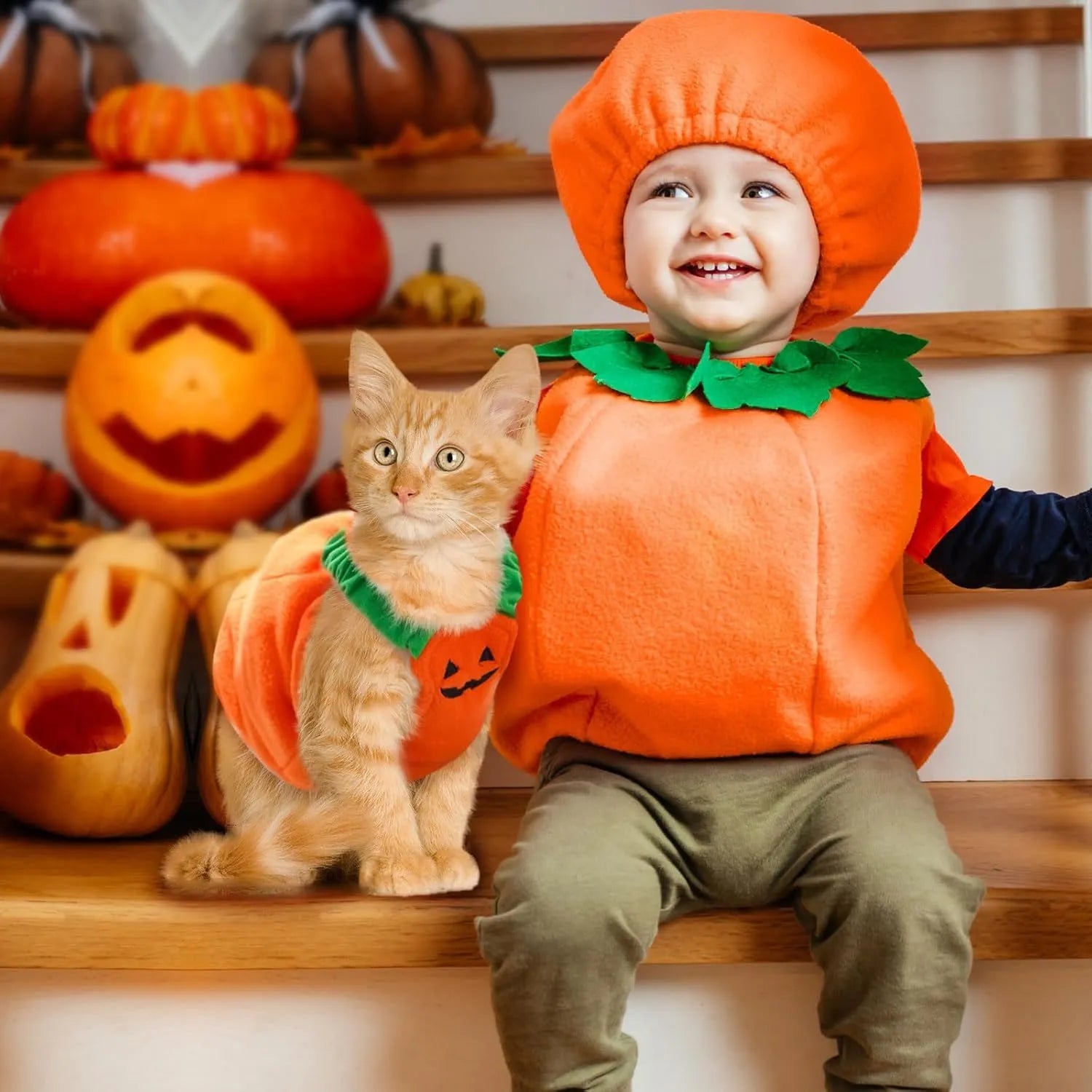Orange pumpkin plush Halloween costume on a small dog, showing pullover design and soft texture.