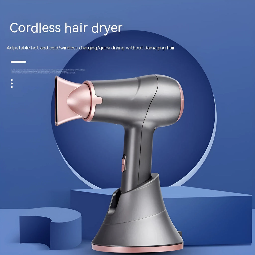 Wireless hair dryer in gray with two speed buttons and UK plug, for dormitory or outdoor use