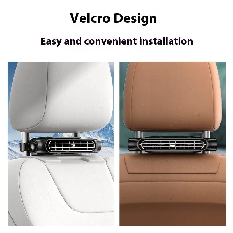Compact black USB car fan with Velcro strap mounted on a car seat headrest.