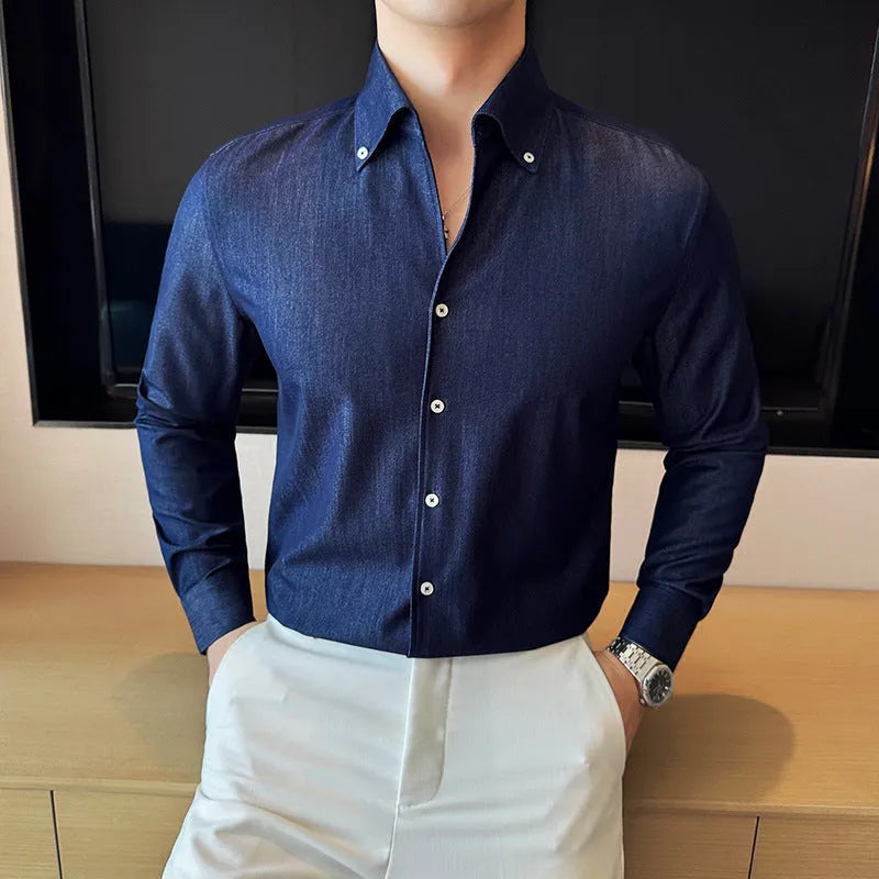 Men's slim fit long-sleeved denim shirt in solid colour options
