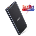 Black and blue aluminium alloy power bank with 10000mAh capacity and integrated plug for wireless charging.