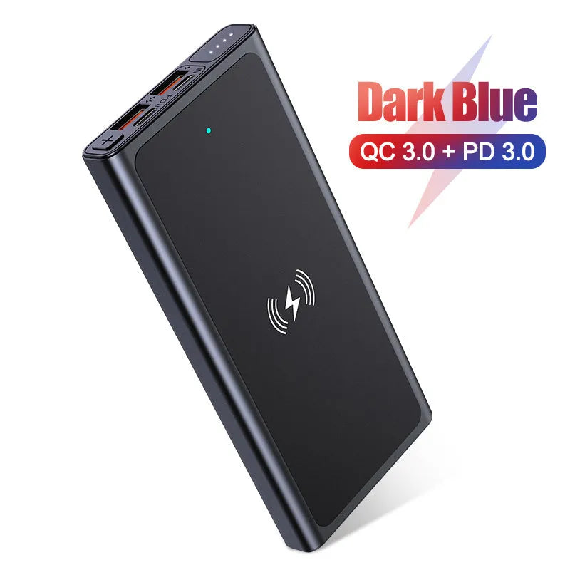 Black and blue aluminium alloy power bank with 10000mAh capacity and integrated plug for wireless charging.