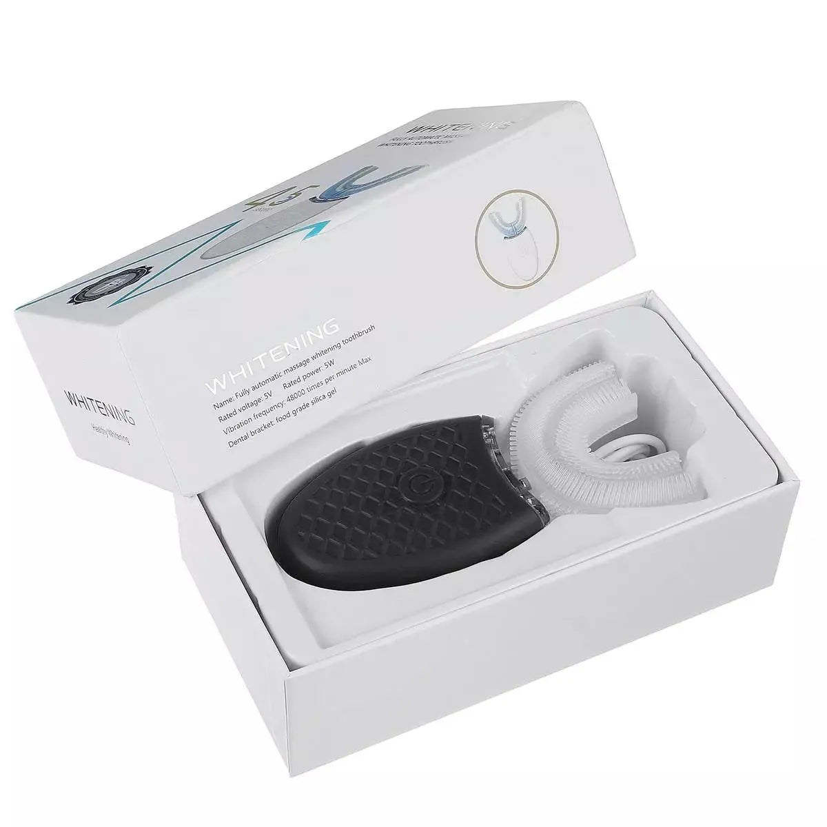 U-shaped electric toothbrush with silicone head, ABS body, and IPX7 waterproof design in blue