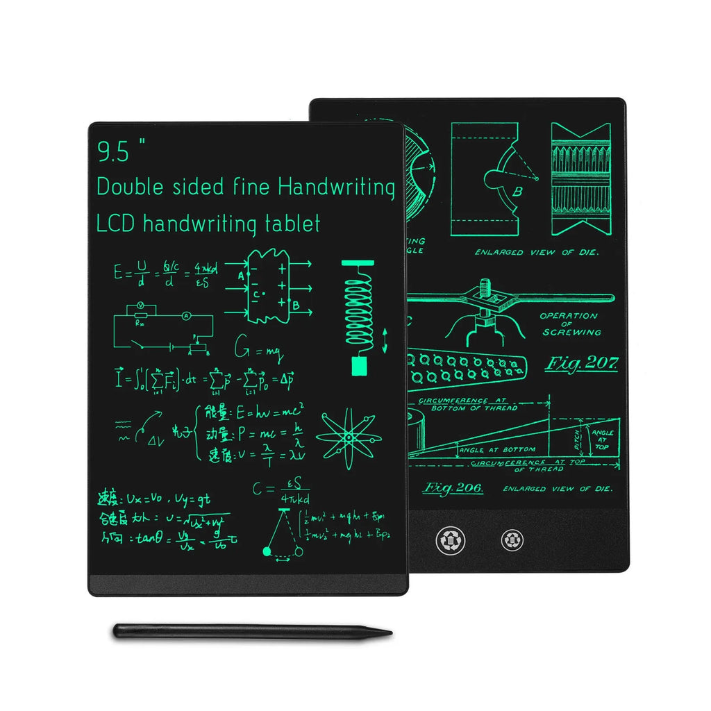 9.5 inch double side screen LCD handwriting board in black with stylus pen on desk