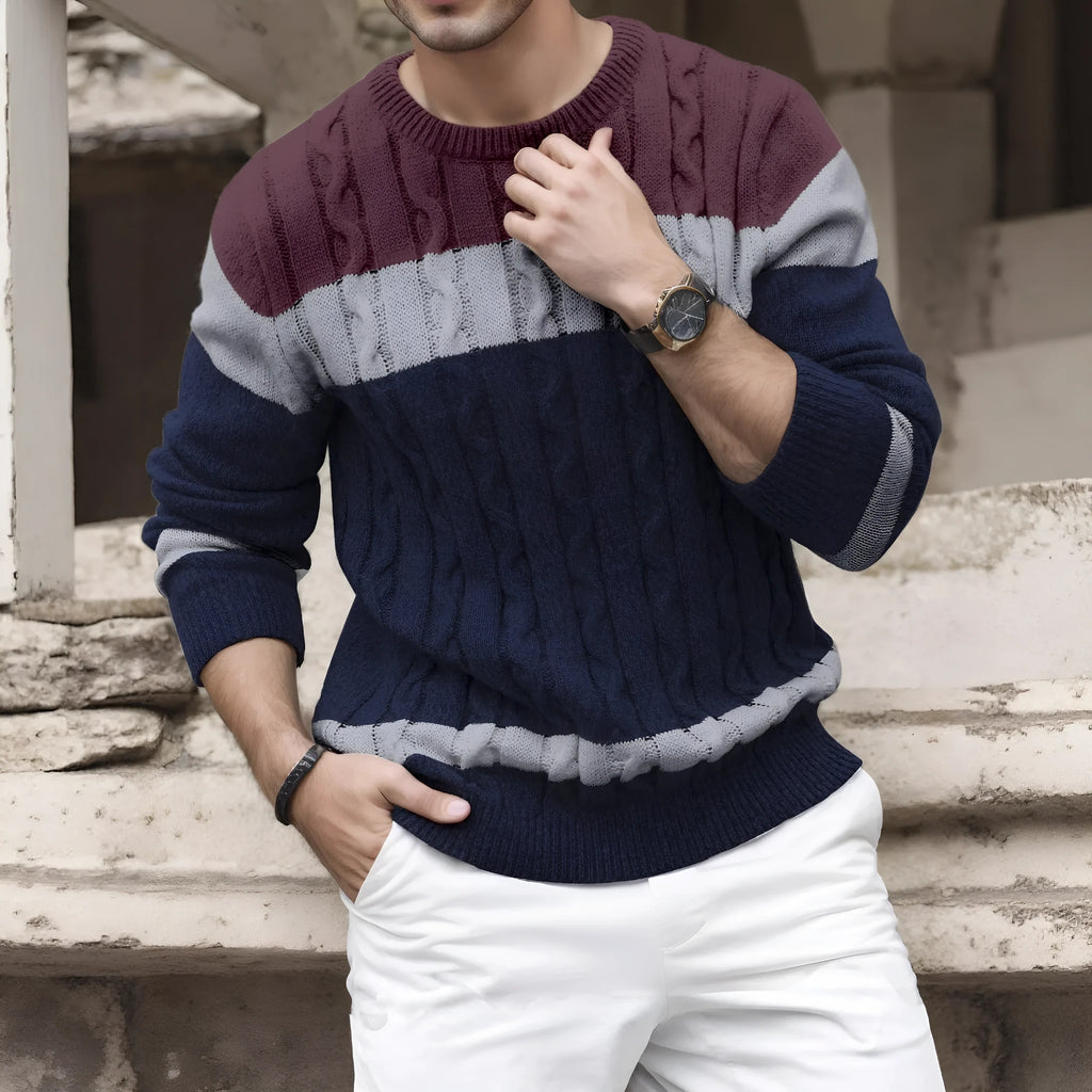 Men's colour-block crew neck pullover sweater in Blue and White Multicolor loose fit