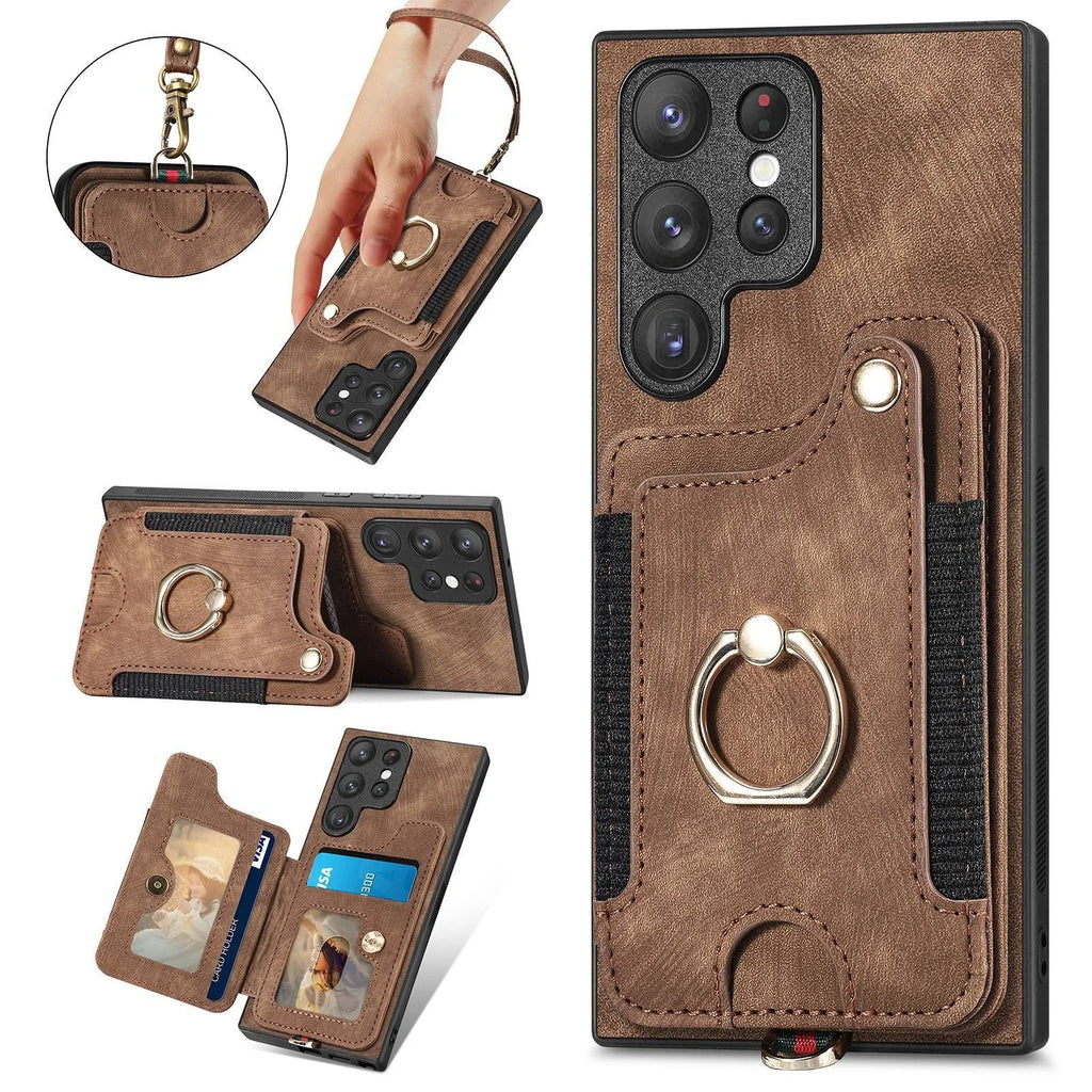 Dark Brown Samsung S25 Ultra PU phone case with ring lanyard, card holder, bracket, and magnetic suction.