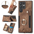 Dark Brown Samsung S25 Ultra PU phone case with ring lanyard, card holder, bracket, and magnetic suction.