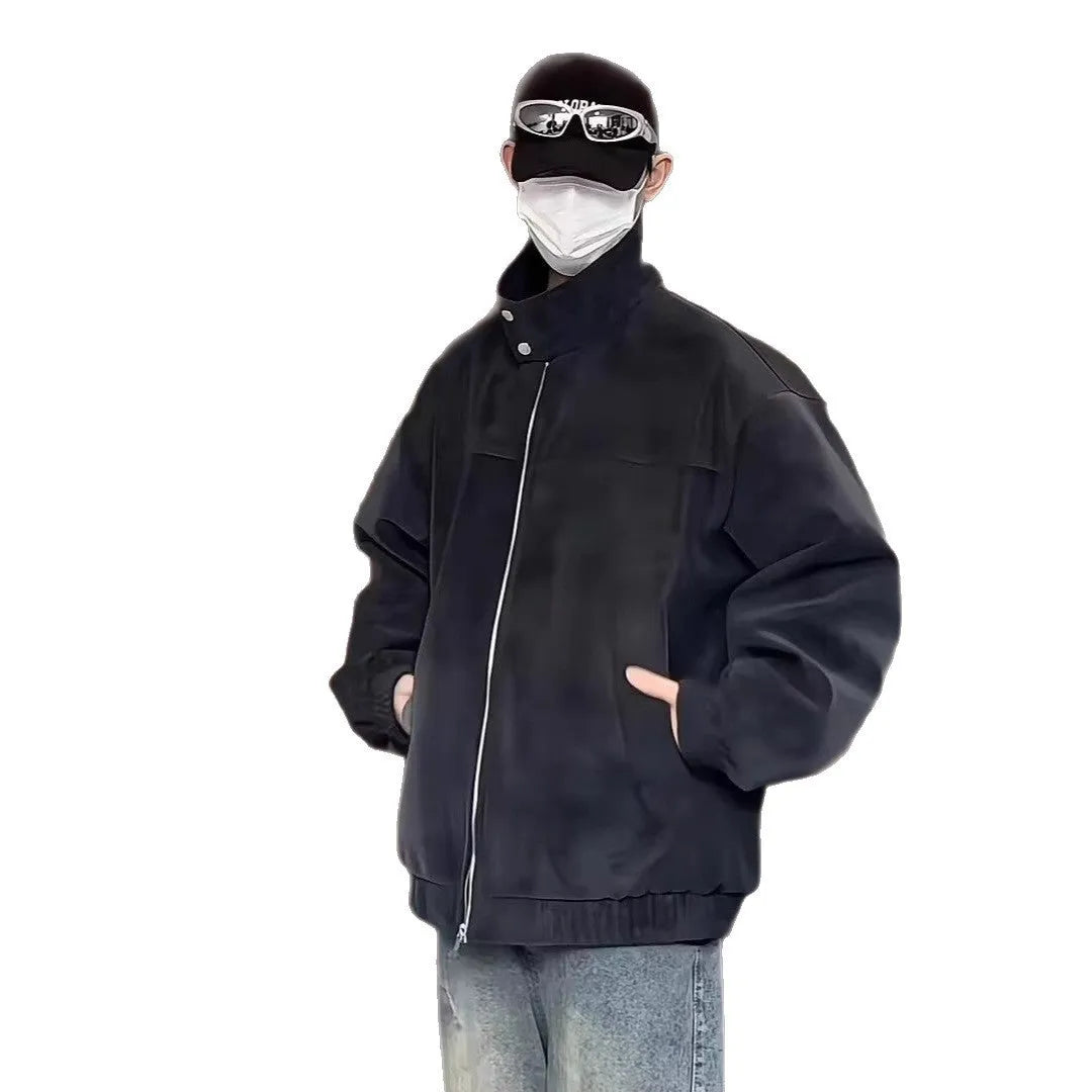 Grey men's tie-dye PU leather jacket with a stand collar and side pockets on a hanger.