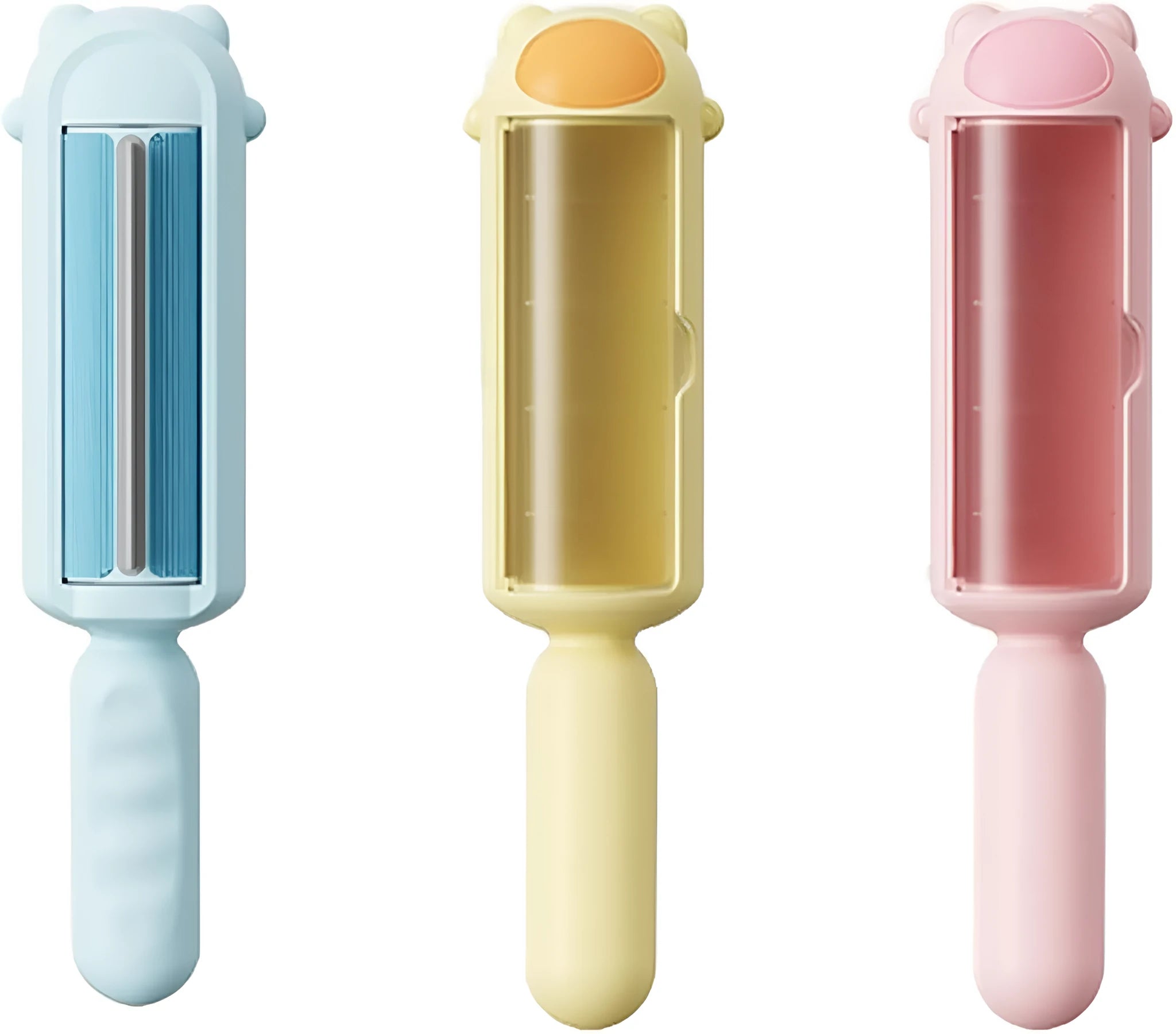 Blue pet hair remover tool with a self-cleaning base on a fabric sofa.