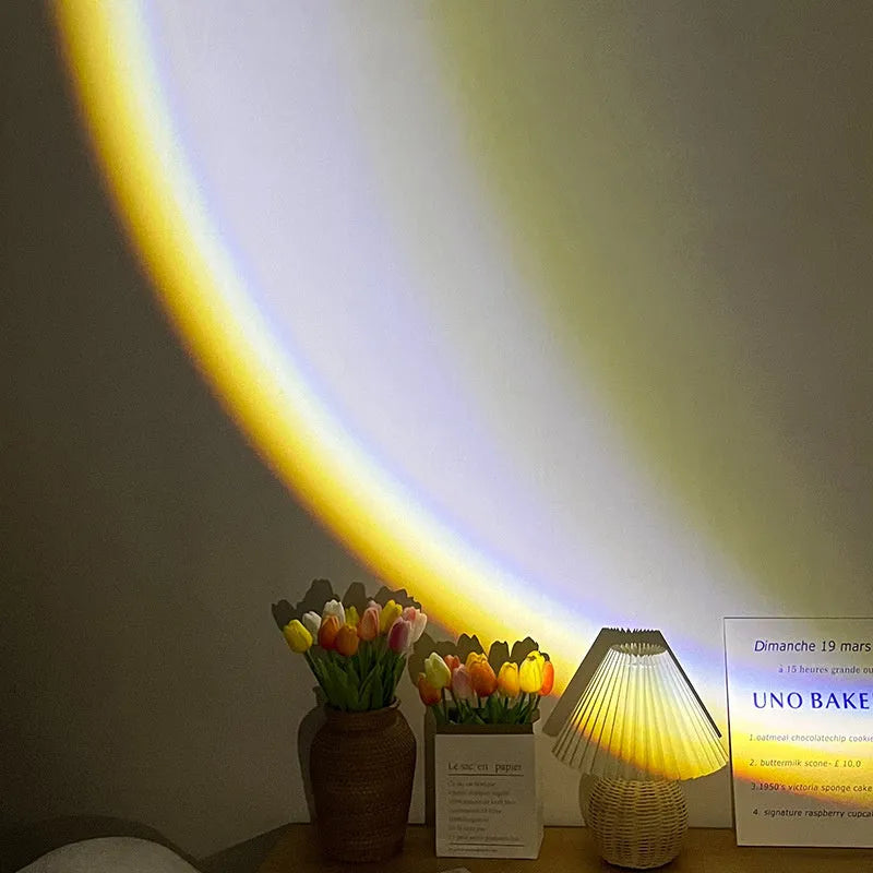 USB-powered moon projector lamp with Scandinavian design projecting rainbow pattern on wall