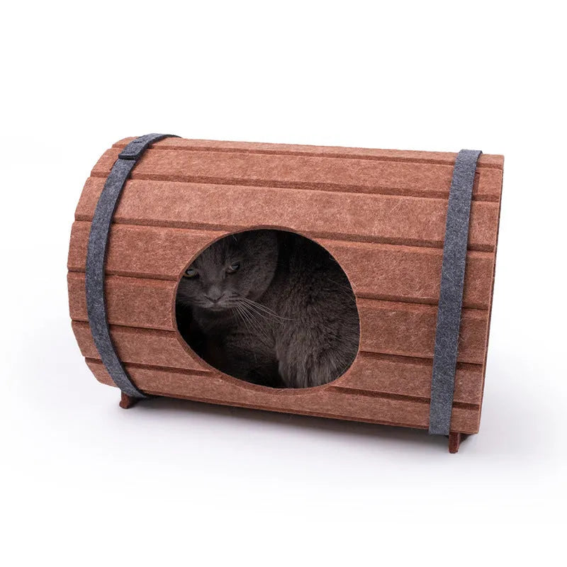 Assembled wine barrel shaped cat bed made from polyester fibre felt panels
