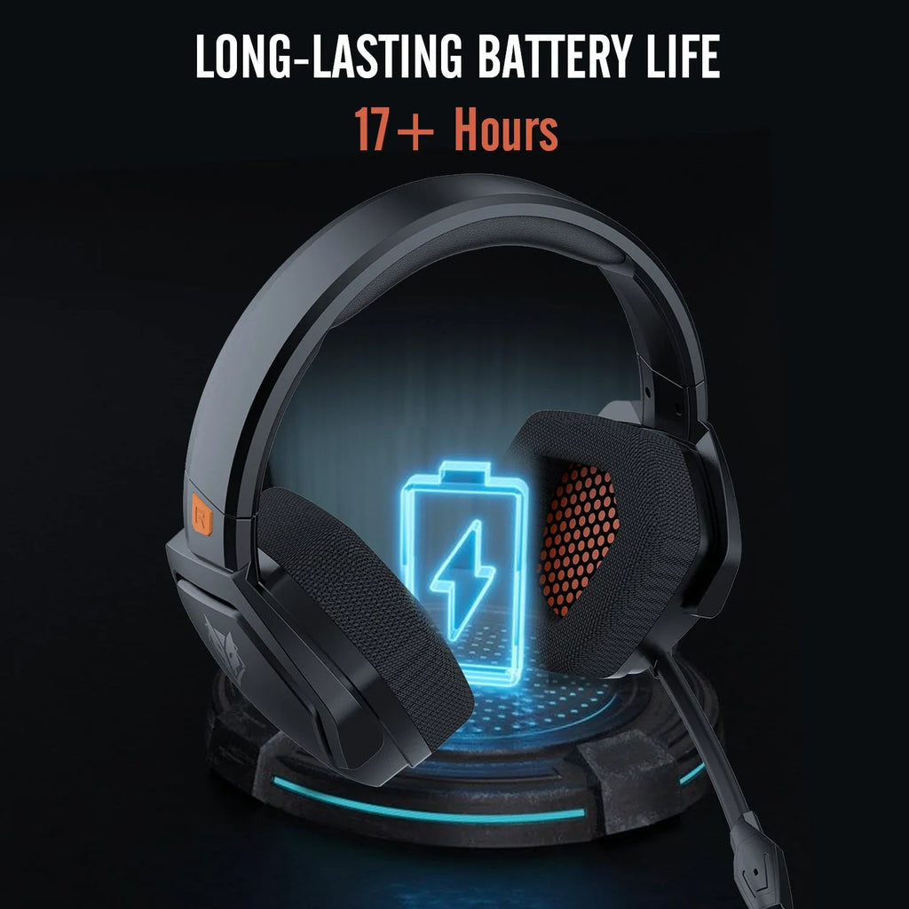 Black and orange wireless gaming headset with head-mounted design and simulated skin protein ear cushions