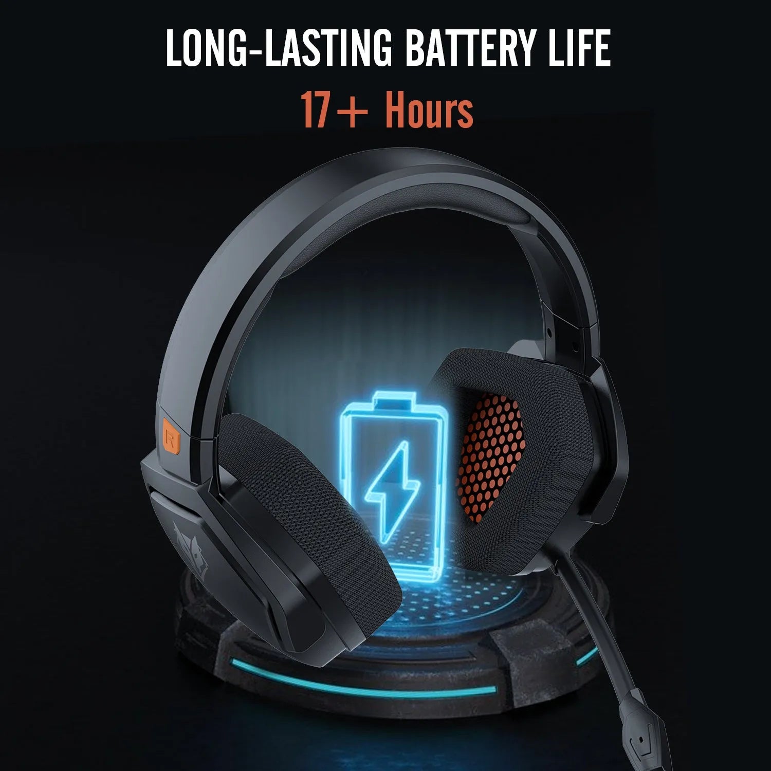Black and orange wireless gaming headset with head-mounted design and simulated skin protein ear cushions