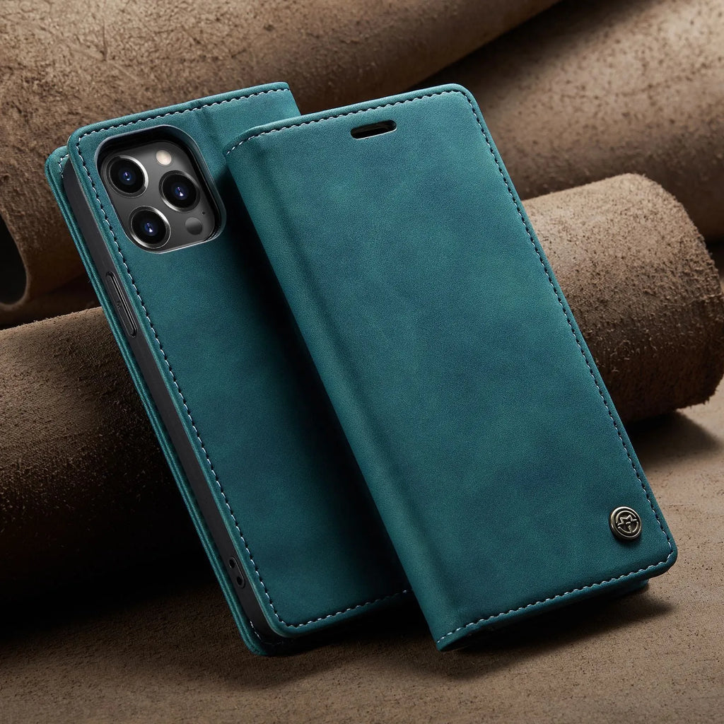 Mobile phone holster flip cover in black, clamshell design, PU+TPU material, compatible with iPhone models.